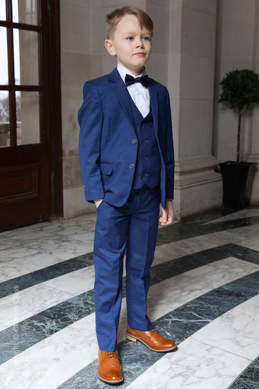 Boys Royal Blue Wedding Suit with Navy Satin Bow Tie | Charles Class